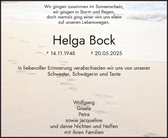 Todesanzeige von Helga Bock von saarbruecker_zeitung