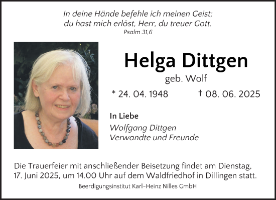 Todesanzeige von Helga Dittgen von saarbruecker_zeitung