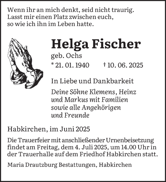 Todesanzeige von Helga Fischer von saarbruecker_zeitung