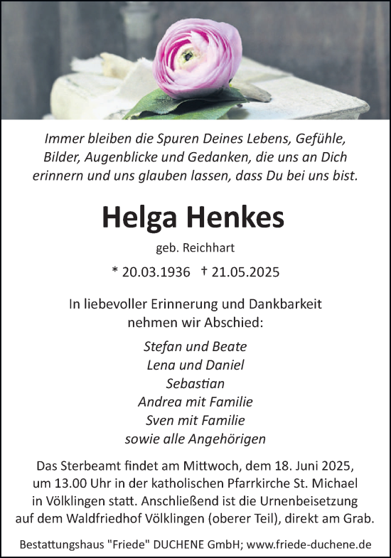 Todesanzeige von Helga Henkes von saarbruecker_zeitung