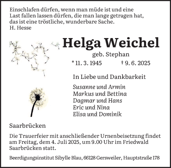 Todesanzeige von Helga Weichel von saarbruecker_zeitung