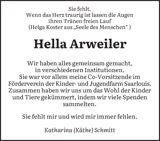 Todesanzeige von Hella Arweiler von saarbruecker_zeitung