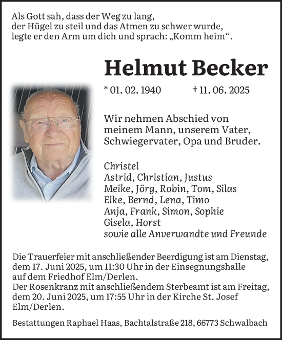 Todesanzeige von Helmut Becker von saarbruecker_zeitung