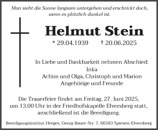 Todesanzeige von Helmut Stein von saarbruecker_zeitung
