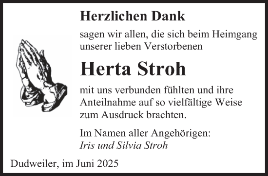 Todesanzeige von Herta Stroh von saarbruecker_zeitung