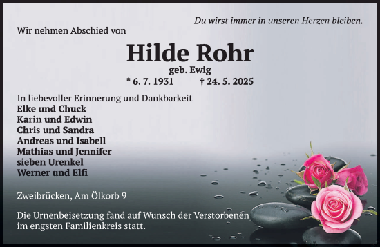 Todesanzeige von Hilde Rohr von saarbruecker_zeitung
