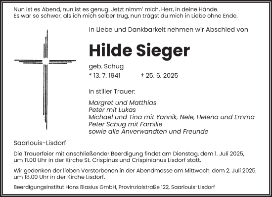 Todesanzeige von Hilde Sieger von saarbruecker_zeitung