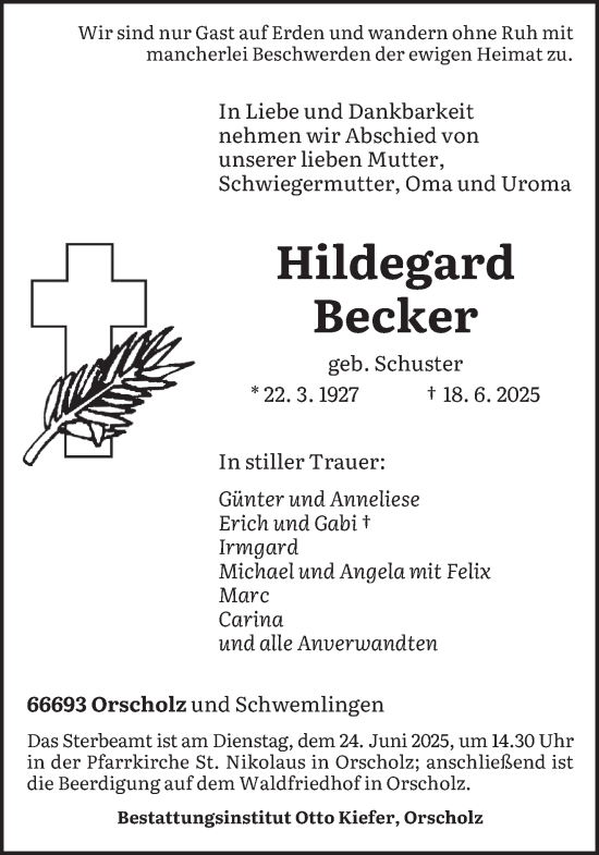 Todesanzeige von Hildegard Becker von saarbruecker_zeitung