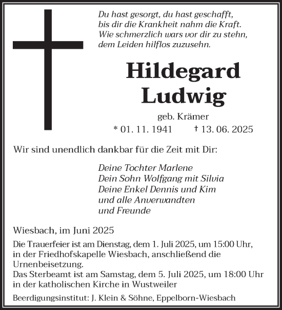 Todesanzeige von Hildegard Ludwig von saarbruecker_zeitung