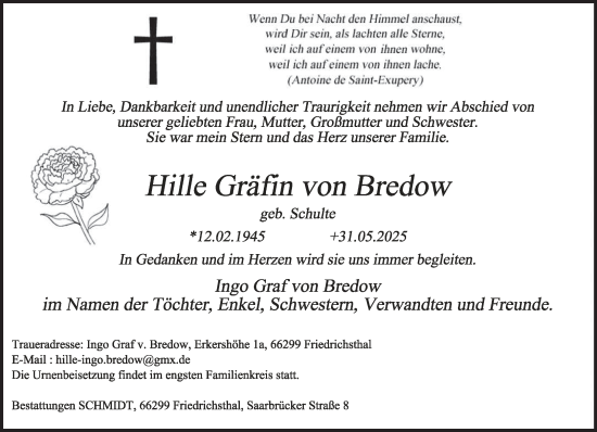 Todesanzeige von Hille von Bredow von saarbruecker_zeitung