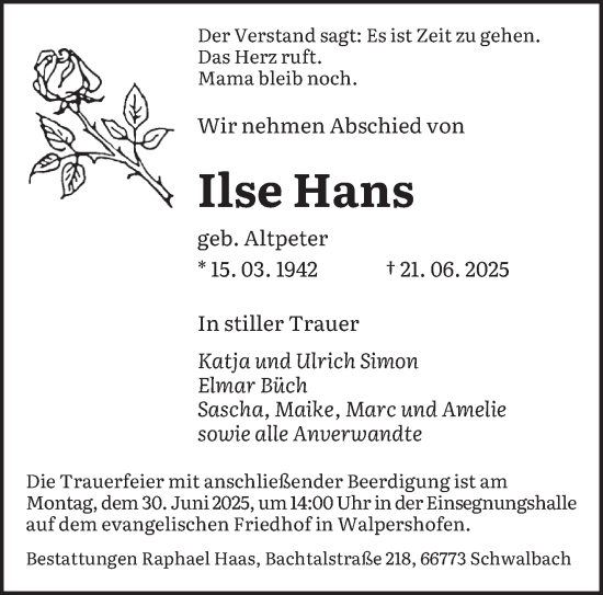 Todesanzeige von Ilse Hans von saarbruecker_zeitung