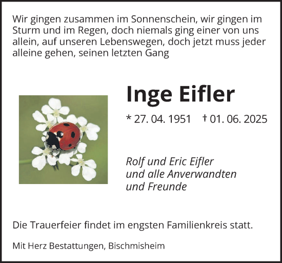 Todesanzeige von Inge Eifler von saarbruecker_zeitung