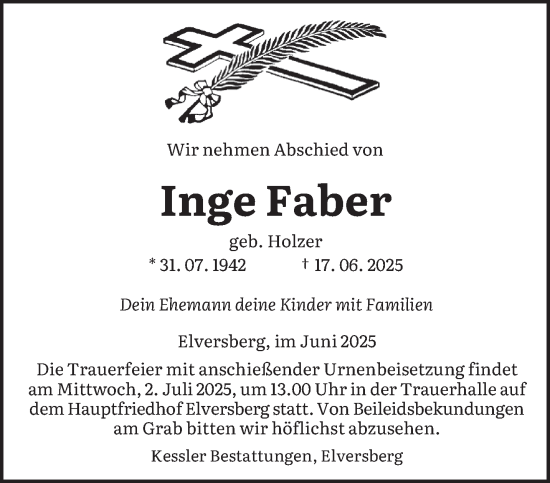 Todesanzeige von Inge Faber von saarbruecker_zeitung