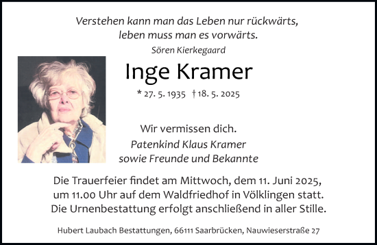 Todesanzeige von Inge Kramer von saarbruecker_zeitung
