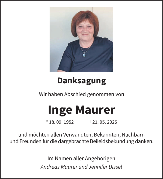 Todesanzeige von Inge Maurer von saarbruecker_zeitung