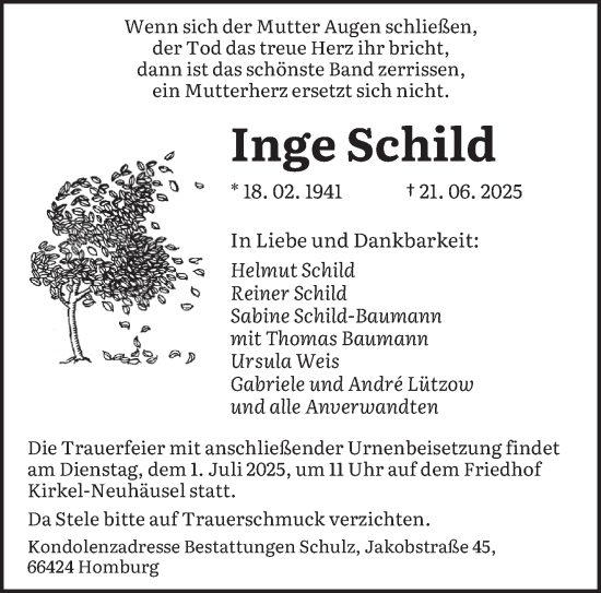 Todesanzeige von Inge Schild von saarbruecker_zeitung