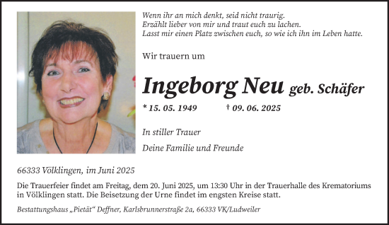 Todesanzeige von Ingeborg Neu von saarbruecker_zeitung