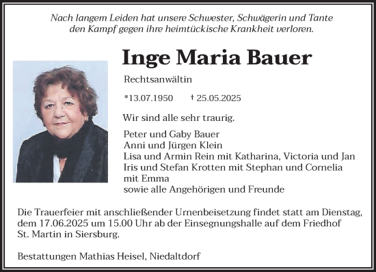 Todesanzeige von Inge Maria Bauer von saarbruecker_zeitung