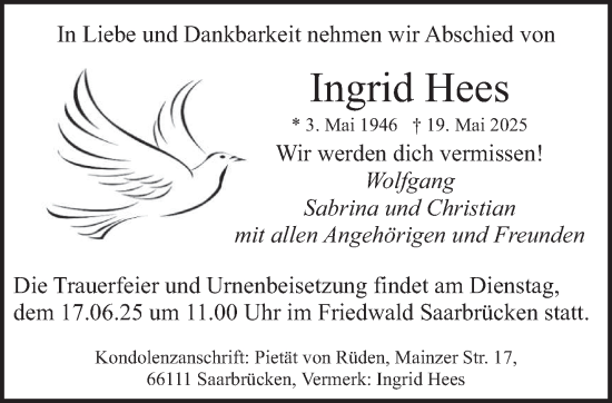 Todesanzeige von Ingrid Hees von saarbruecker_zeitung