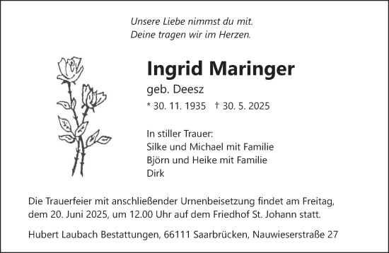 Todesanzeige von Ingrid Maringer von saarbruecker_zeitung