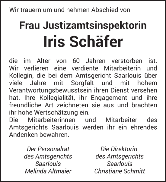 Todesanzeige von Iris Schäfer von saarbruecker_zeitung