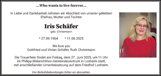 Todesanzeige von Iris Schäfer von saarbruecker_zeitung