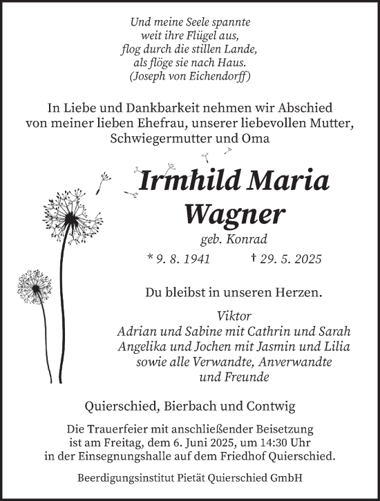 Todesanzeige von Irmhild Maria Wagner von saarbruecker_zeitung
