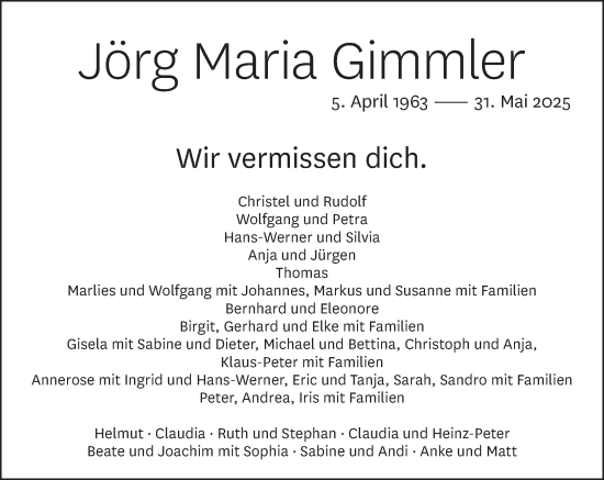 Todesanzeige von Jörg Maria Gimmler von saarbruecker_zeitung