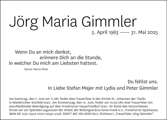 Todesanzeige von Jörg Maria Gimmler von saarbruecker_zeitung