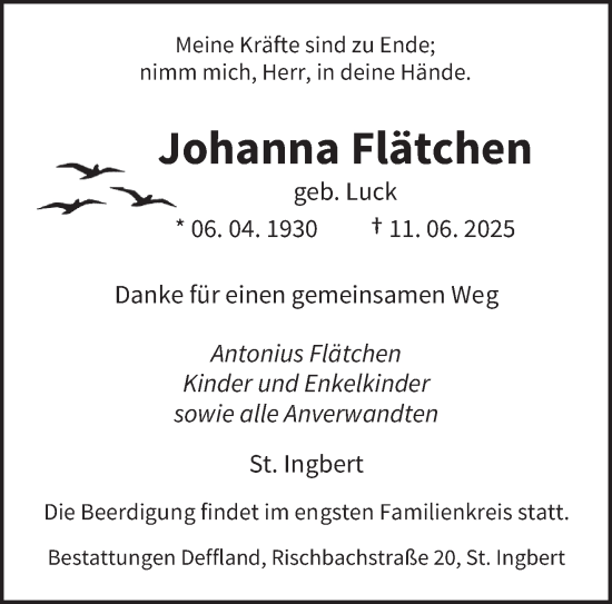 Todesanzeige von Johanna Flätchen von saarbruecker_zeitung