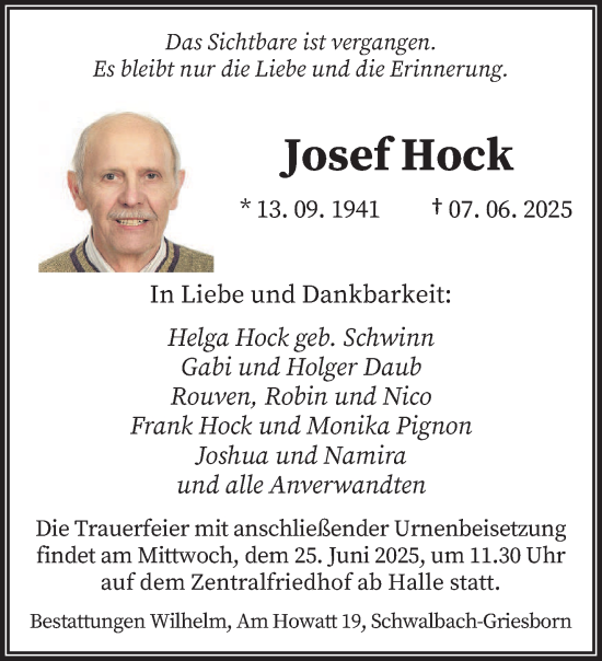 Todesanzeige von Josef Hock von saarbruecker_zeitung