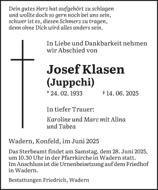 Todesanzeige von Josef Klasen von saarbruecker_zeitung