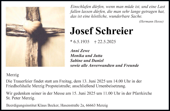 Todesanzeige von Josef Schreier von saarbruecker_zeitung