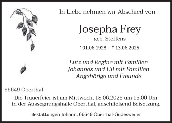 Todesanzeige von Josepha Frey von saarbruecker_zeitung