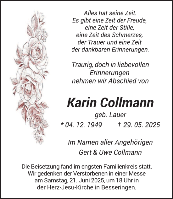 Todesanzeige von Karin Collmann von saarbruecker_zeitung