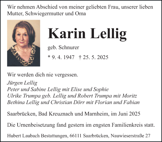 Todesanzeige von Karin Lellig von saarbruecker_zeitung