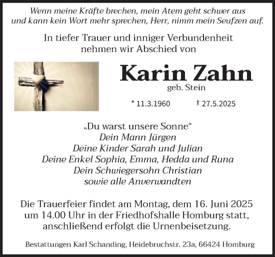 Todesanzeige von Karin Zahn von saarbruecker_zeitung