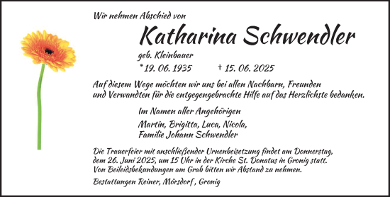 Todesanzeige von Katharina Schwendler von saarbruecker_zeitung