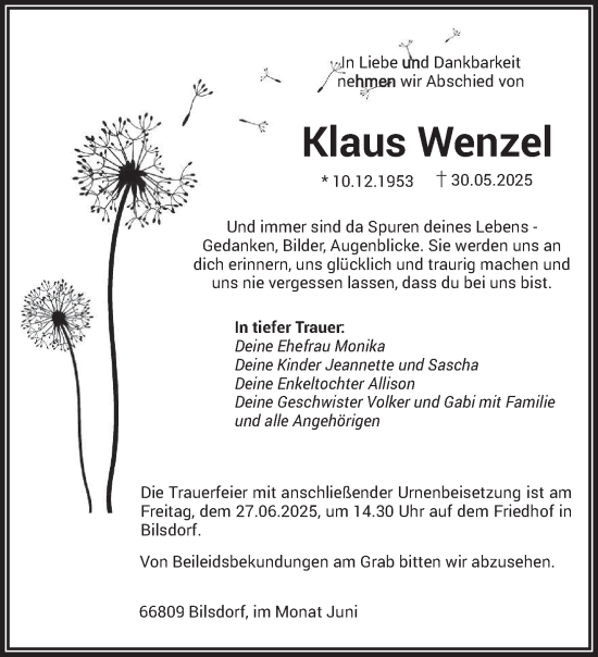 Todesanzeige von Klaus Wenzel von saarbruecker_zeitung