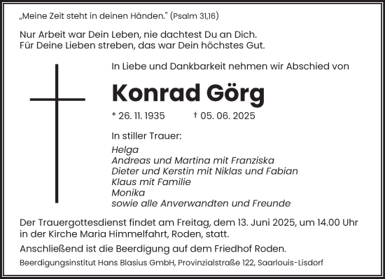 Todesanzeige von Konrad Görg von saarbruecker_zeitung