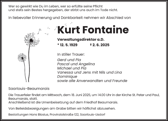 Todesanzeige von Kurt Fontaine von saarbruecker_zeitung