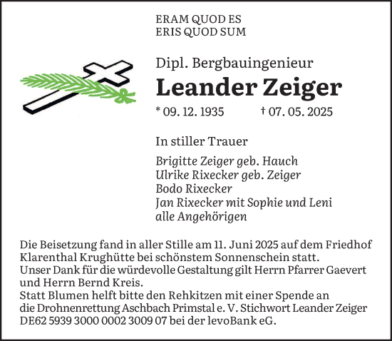 Todesanzeige von Leander Zeiger von saarbruecker_zeitung