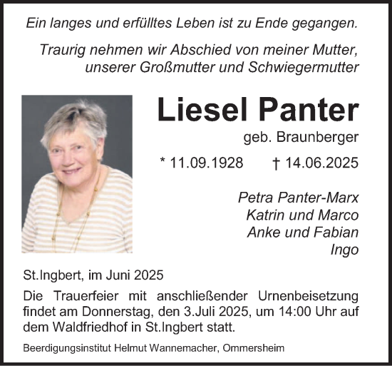 Todesanzeige von Liesel Panter von saarbruecker_zeitung