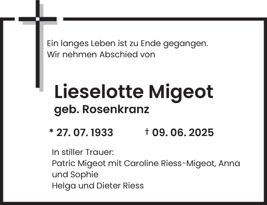 Todesanzeige von Lieselotte Migeot von saarbruecker_zeitung