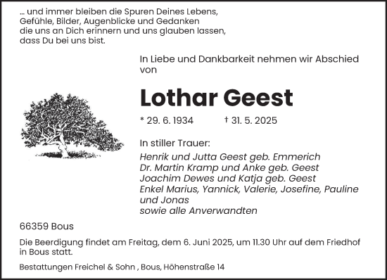 Todesanzeige von Lothar Geest von saarbruecker_zeitung