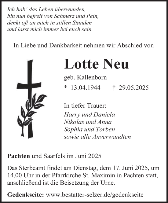 Todesanzeige von Lotte Neu von saarbruecker_zeitung