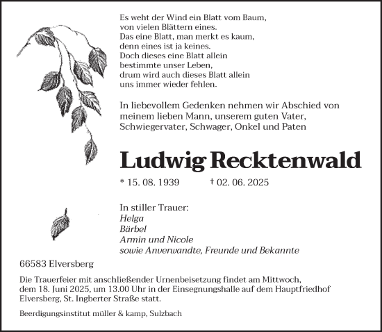 Todesanzeige von Ludwig Recktenwald von saarbruecker_zeitung