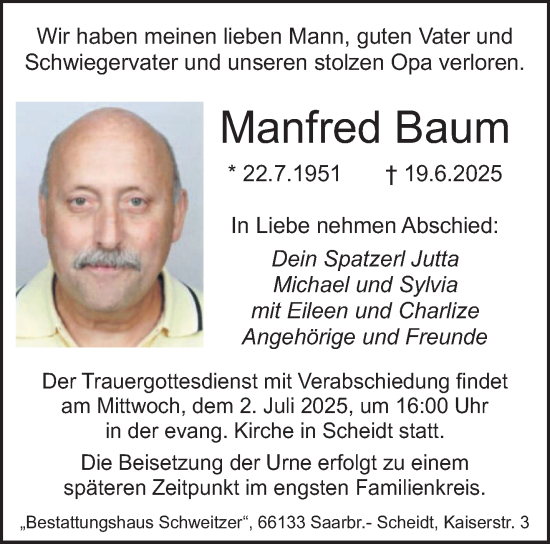 Todesanzeige von Manfred Baum von saarbruecker_zeitung