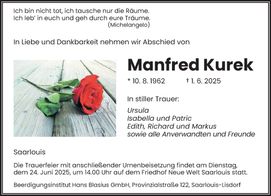 Todesanzeige von Manfred Kurek von saarbruecker_zeitung