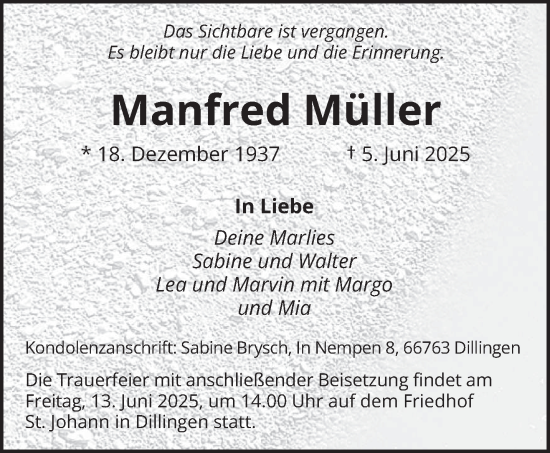 Todesanzeige von Manfred Müller von saarbruecker_zeitung